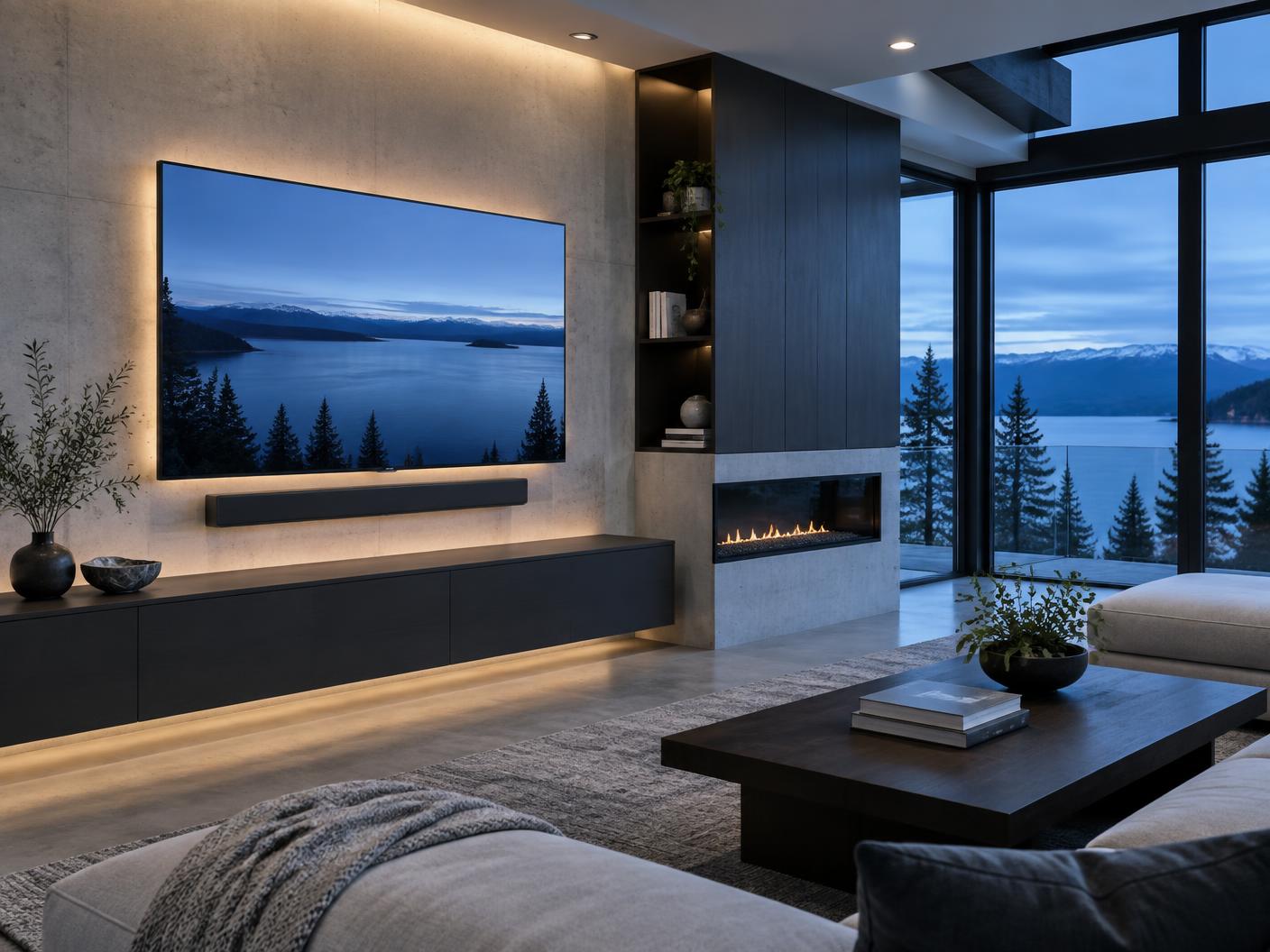 Contemporary home interior with mounted television, soundbar and integrated Lutron lighting